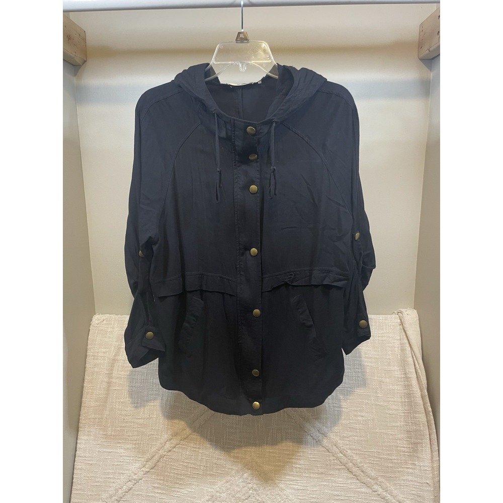 Andre By Unit Black Full Zip Snap Button Hooded Utility Jacket Women's  M Rayon